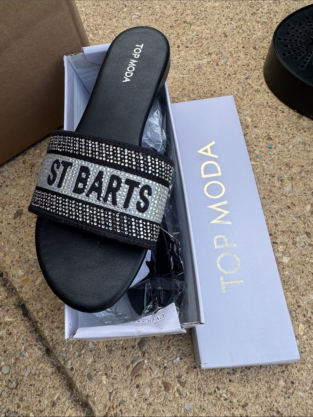 TOP Moda Black Slide Sandals with Silver Crystal 'ST BARTS' Band